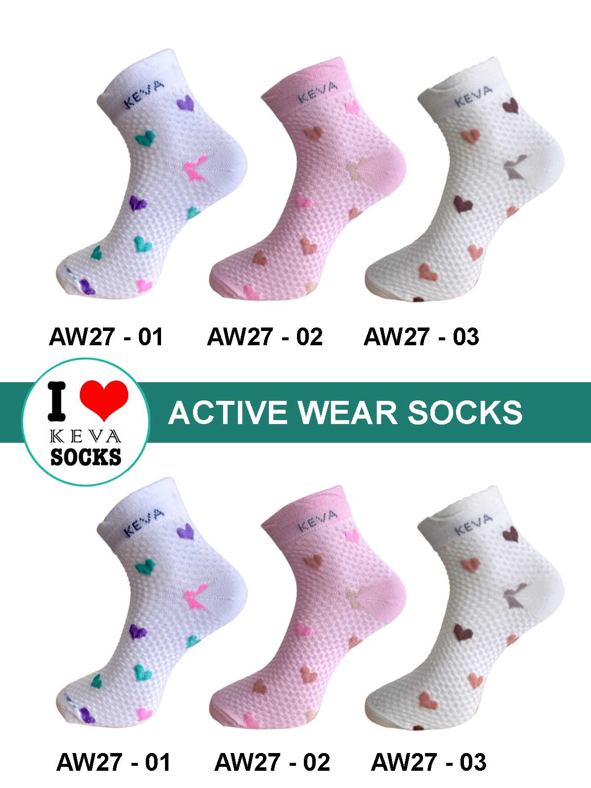 Kevasocks Women Ankle Socks Hearts Design Kevasocks Activewear 6 Pairs Pack Aw27