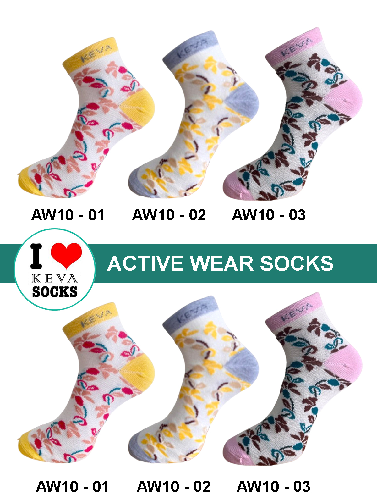 Women Ankle Socks Floral Kevasocks Activewear 6 Pairs Pack Aw10