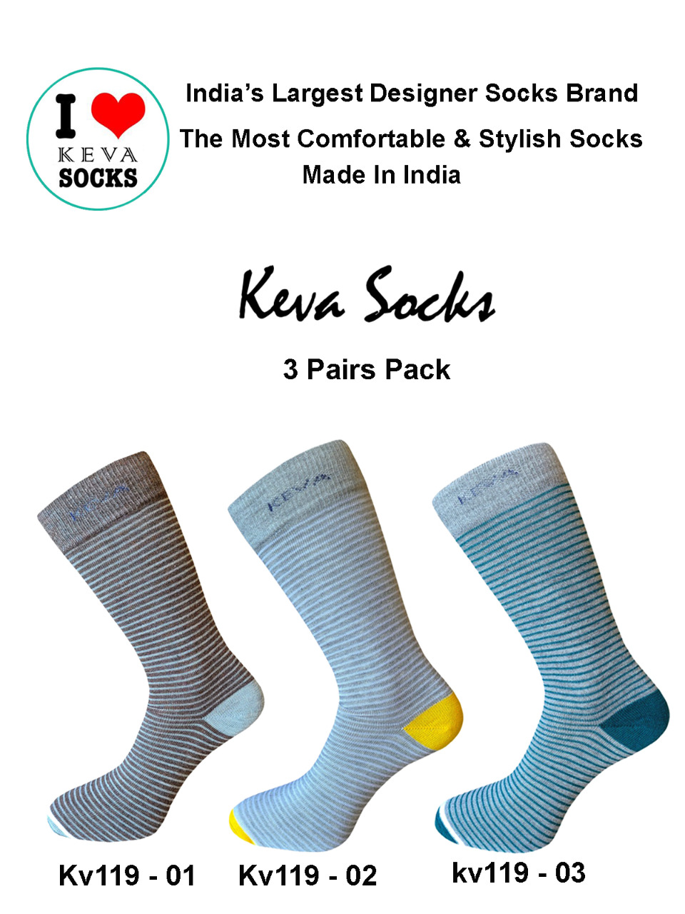 Keva Socks Men Long Stripes 3 Pairs Pack Socks kv119