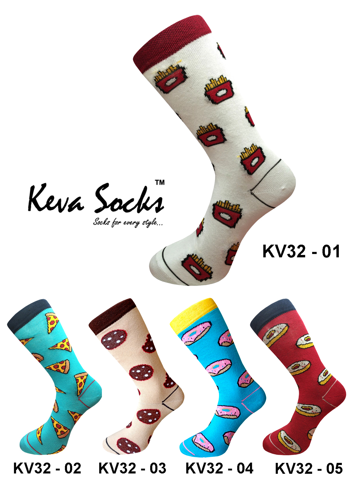 Keva Socks For Men & Women Foodie Socks Donuts, Fries Pizza Socks 5pairs Pack kv32